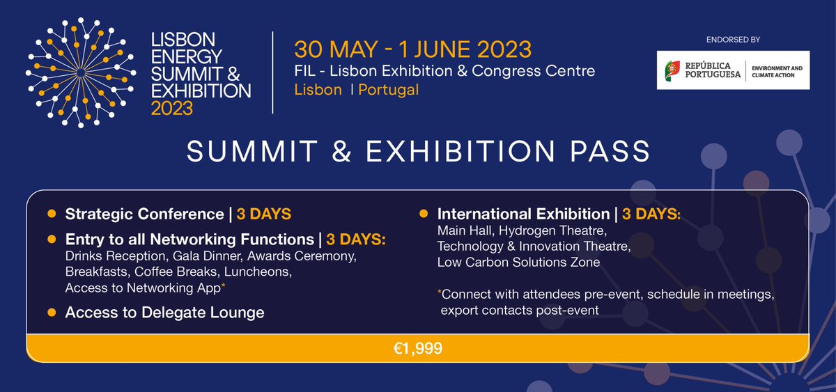 Delegate passes get you full access to the 3-day conference packed full of seminars concerning the energy transition, plus entry to all networking functions.

Secure your pass here: bit.ly/3Xgk4Q6

#LESummit #lisbon #portugal #renewableenergyconference  #energyexhibition
