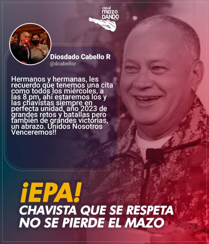 ¡Buenos días, Pueblo Chavista!🇻🇪❤️

🚩Hoy tenemos el Progra-Mazo de <a href="/ConElMazoDando/">Con el Mazo Dando</a>. A las 8pm es la cita con el Cap <a href="/dcabellor/">Diosdado Cabello R</a> por <a href="/VTVcanal8/">VTV CANAL 8</a> ¡IMPERDIBLE!😎

¡Listo para las Batallas y Nuevas Victorias, siempre unidos con Bolívar y Chávez Siempre! 👊🏻

#BastaDeTerrorismoEconómico