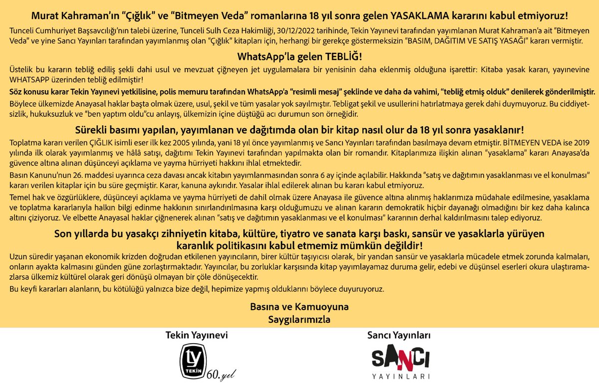 Tekin Yayınevi ve Sancı Yayınları olarak yasaklanan iki kitabımıza dair basına ve kamuoyuna açıklamamızdır. . . #BitmeyenVeda #Çığlık #MuratKahraman @sanciyayin @YayincilarKoop @Yaybir @turkyaybir