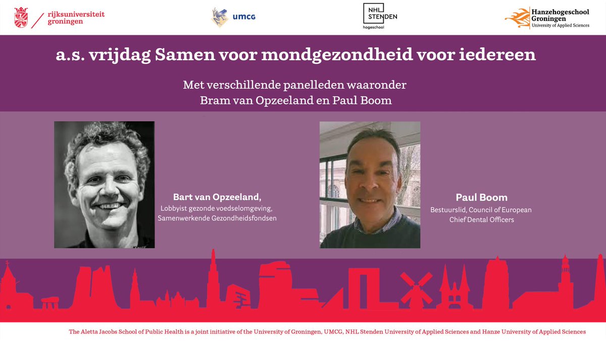 Samen voor mondgezondheid voor iedereen!

Met deze bijeenkomst richten we ons op het #recht op #mondgezondheid &amp; op de #leefomgeving als factor bij het ontstaan van gaatjes, tanderosie &amp; slechte mondgezondheid.

Meer info: rug.nl/aletta/calenda…
