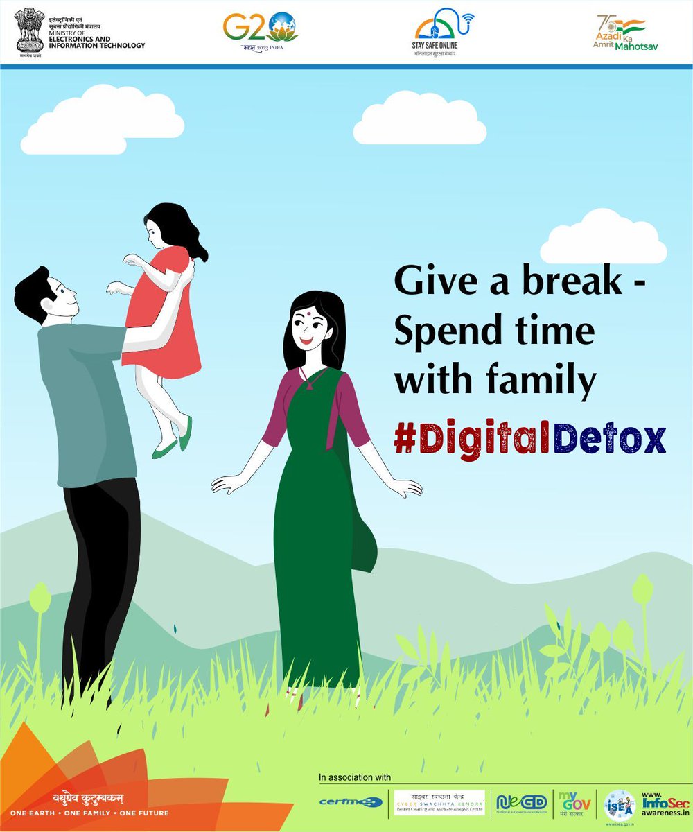 InfoSecAwa's tweet image. #StaySafeOnline #infosecawareness
Give a break - Spend time with your family, 
Reduce screen time increase family time...🙂  #cyberhygiene #digitaldetox 
#BeSafe #StaySafe #G20India #SSOIndia #MyGov #MeitY
Follow for more tips...