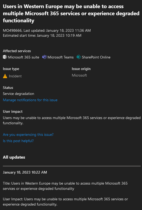mitchell_bakker's tweet photo. @MSFT365Status Missing the current issue (looks the same as this one, but now for Europe) on your feed. It's already in Message Health 🤷🏻‍♂️ https://t.co/EtWHc5Sjnq