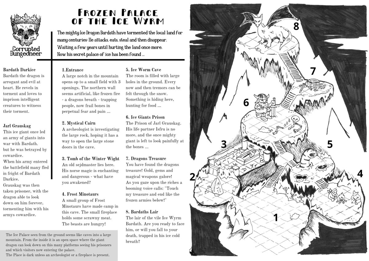 skrivekrampe's tweet image. New 1-page dungeon finished: Frozen Palace of the Ice Wyrm.
First try with isometric dungeon design, and with that in mind I'm okay with it ❤️
#ttrpg #map #dungeonmap #ttrpgmap
