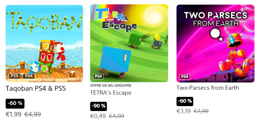 abxgames_studio's tweet photo. 🎮My 3 games are on sales 💰 (up to 90% !!) on #PS5, #PS4 and #PSVita
(Easy Platinum🏆)
- 0.49€/$ for #TETRAsEscape on #PS4 and #PSVita
- 1.99€/$ for #Taqoban on #PS5 and #PS4
- 3.19€/$ for #TwoParsecsFromEarth on #PS4
#indiegames #indiegame #puzzlegame #metroidvania https://t.co/Tjse0wP6xP