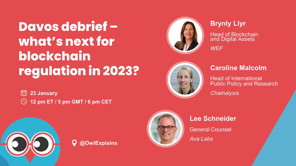 Already having🗻#Davos23 FOMO? Join our space!

We are having a #hootenanny on Monday to catch up on what's to come in #blockchain regulation in 2023, with:
 
🗻🦉 <a href="/brynlyllyr/">Brynly</a> from <a href="/wef/">World Economic Forum</a> 
🗻🦉 <a href="/Caro_Malcolm/">Caroline Malcolm</a> from <a href="/chainalysis/">Chainalysis</a>

✏️Sign up: x.com/i/spaces/1dRKZ…
 
#WEF23 #WEF2023