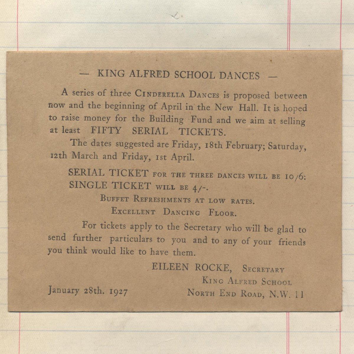 One of our most unique collections is a set of Print Records documenting everything KAS sent to the printers from 1926-67. These dance tickets from 1927 are wonderful examples of ephemera that give a glimpse of school social life.  #KAS125 #printinghistory #kingalfredschool