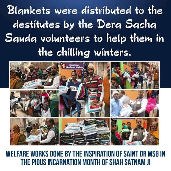 Following the inspiration of Saint Ram Rahim Ji, the followers of Dera Sacha Sauda distribute warm blankets, warm clothes, shoes etc. to the needy people. 
#BlanketDistribution 
#WarmthOfHumanity
#WinterAid
#WarmClothDistribution
#ClothBank
#ServeHumanity
#DeraSachaSauda