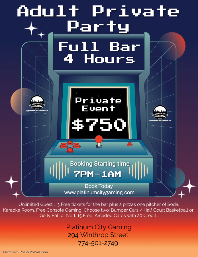 EOSSLLC's tweet image. 4hours 
Unlimited Guest, 5 Free tickets for the bar plus 2 pizzas one pitch of Soda.
Karaoke Room,Free Console Gaming, Choose two: Bumper Cars / Half Court Basketball or Gelly Ball or Nerf. 5 Free tickets for the bar plus 2 pizzas one pitch of Soda. 15 20 Credit Arcaded card