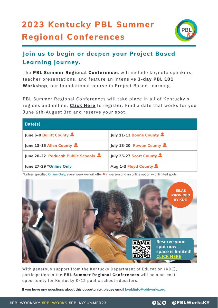 📢 #KYEducators have you signed up yet for one of our KY PBL Summer Regional Conferences? Find a conference closest to you and register today! cvent.me/LZanO2