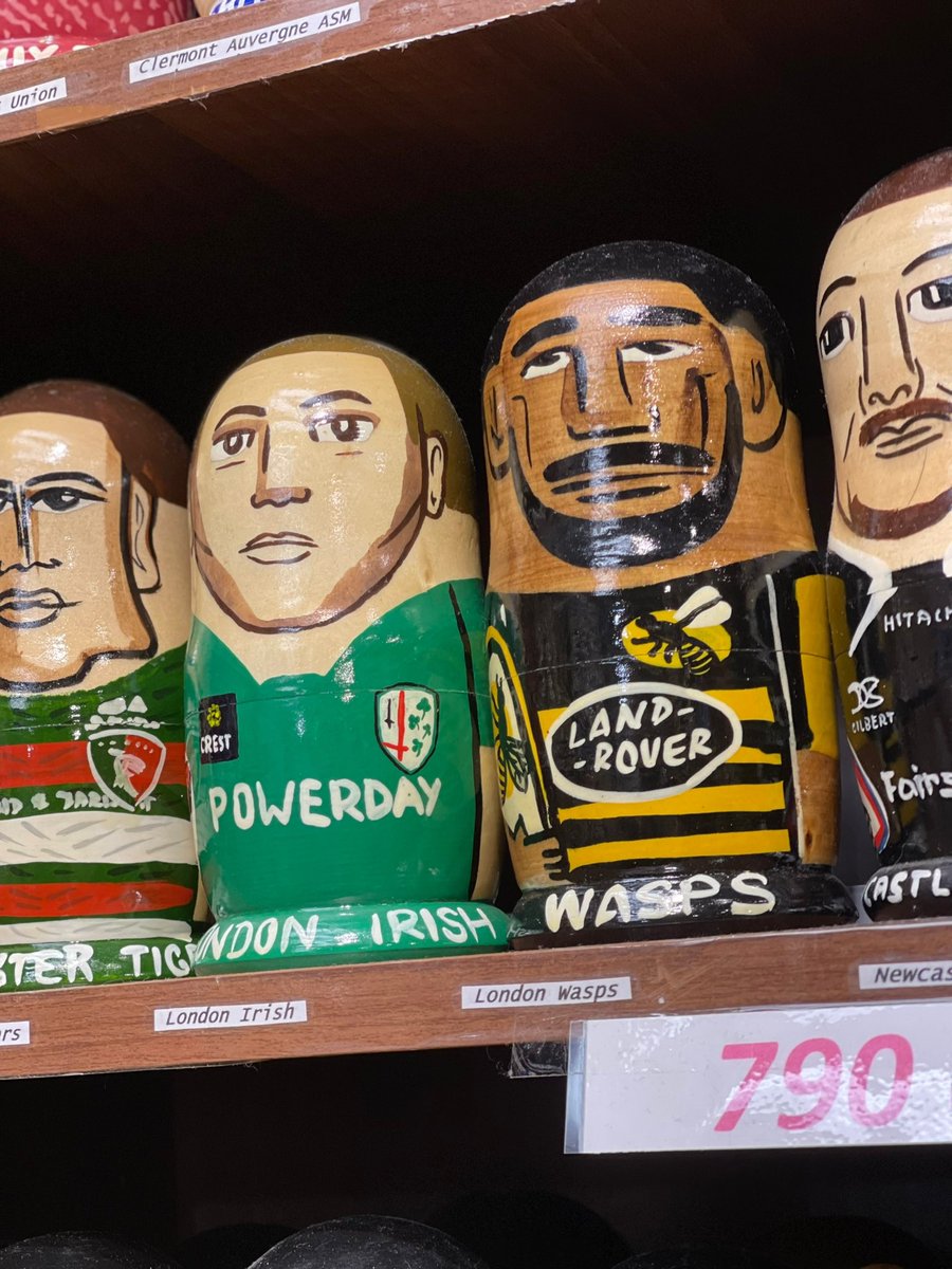 Mcossalifrancis's tweet image. In Prague and stumbled across a Russian doll shop that sold these figures of every football and rugby club I’ve ever heard of from all corners of the world. Quite an amazing place. Couldn’t not snap a picture of these two rugby clubs in particular. #COYW #Wasps