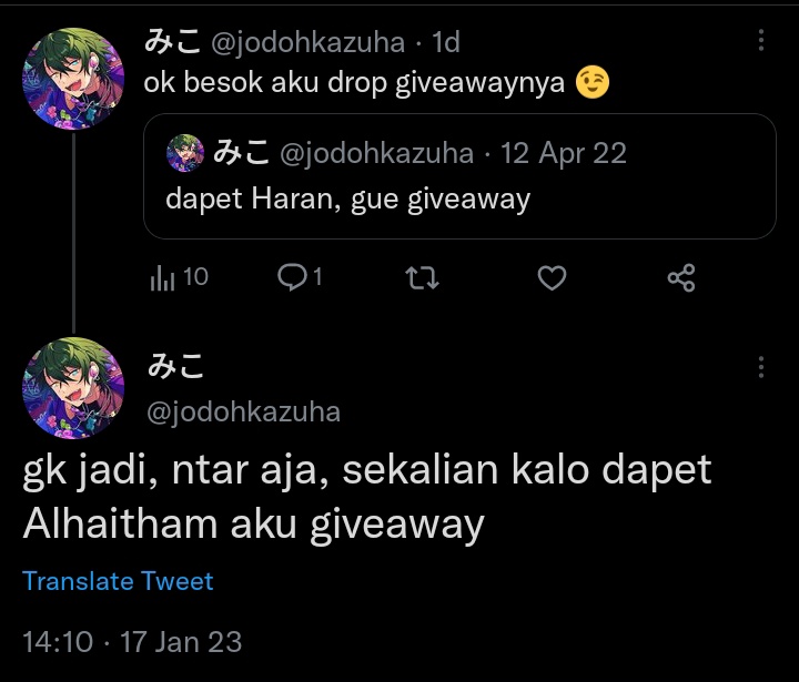 jodohkazuha's tweet photo. GENSHIN IMPACT GIVEAWAY

Karena Haran dan Alhaitham udah pulang, aku mau giveaway welkin untuk 1 orang!

Rules:
♡ RT &amp; Like
♡ INA ONLY! 🇮🇩
♡ Bukan akun giveaway
♡ Reply kalian lagi nabung buat siapa
♡ End 1 Februari

Good Luck ✨ https://t.co/BqXwrXmBQA