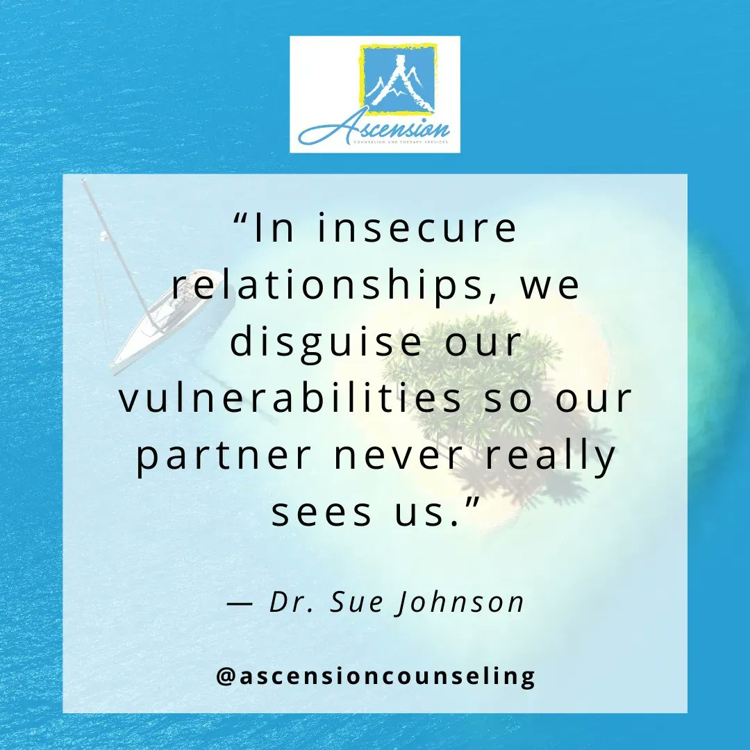 “In insecure relationships, we disguise our vulnerabilities so our partner never really sees us.” - Dr. Sue Johnson

 #intergenerationaltrauma #historicaltrauma #complexPTSD #traumatherapy #EMDRTherapy #ascensioncounselingcle #mftcle #attachmenttheory #EmotionallyFocusedTherapy
