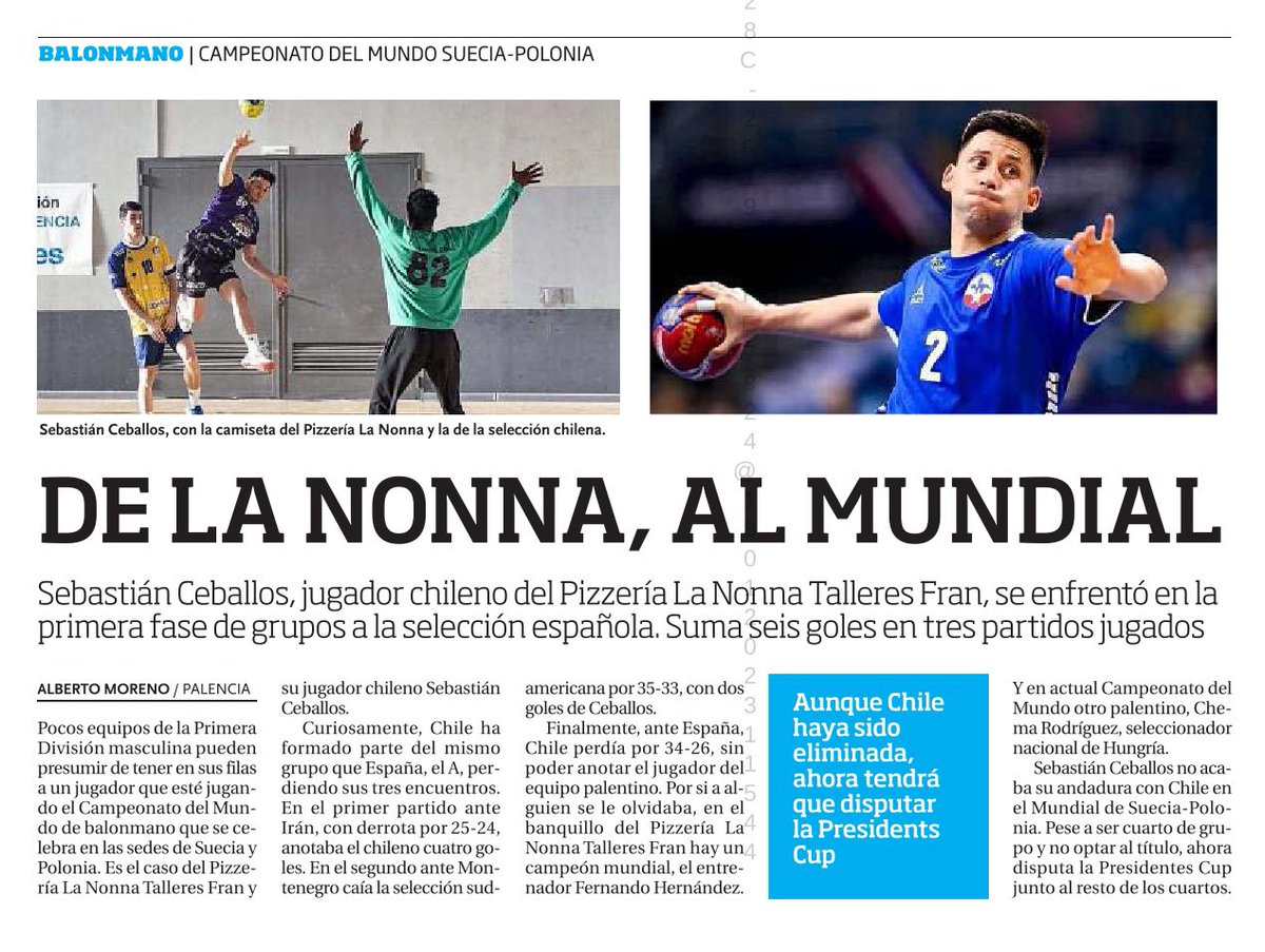 balopal's tweet image. 🗞️ PRENSA | La presencia de nuestro jugador Sebastián Ceballos 🇨🇱🤾‍♂️ en el mundial de balonmano de Polonia y Suecia, hoy en @DiarioPalentino