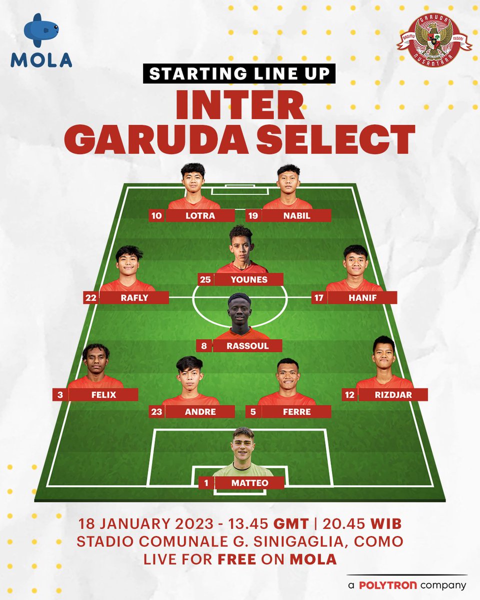 Garuda_Select's tweet image. 🇬🇧 Garuda Select Line up 🎙️13:45 GMT

Watch Live on Mola 📺

🇮🇩 Pertandingan pertama musim ini yang disiarkan secara langsung! 🎙️ 20:45 WIB

Saksikan langsung di Mola 📺

#GarudaSelect