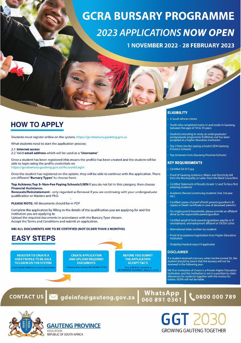 EducationGP1's tweet image. Applications for the GCRA Bursary are still open!

Eligible youth in Gauteng are encouraged to carefully read the criteria below &amp;amp; apply before 28 February 2023. 

To apply, visit: gcrabursary.gauteng.gov.za

Tutorials on how to apply: is.gd/zmaTjO