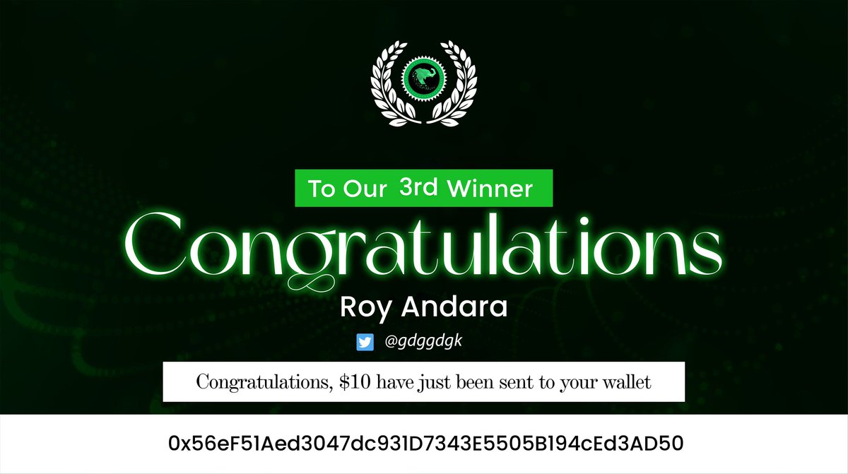 Congratulations Roy andara @gdggdgk For wining the day3 $10 giveaway.

7days to go, want to participate just like, comment and retweet the pinned post tagging 3of your friend.

$USDT $BTC $EGC $BSC
#egoras 
#GiveawayAlert 
#Giveaways