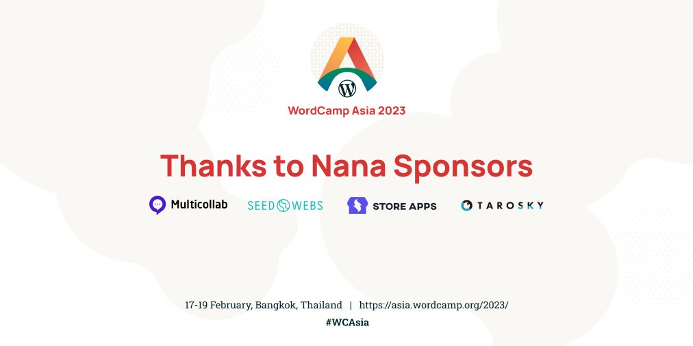 WordCampAsia's tweet image. We&apos;re thrilled to announce that Multidots, Seed Webs (Seed Commerce), StoreApps, and TAROSKY INC. have joined as Nana Sponsors for WordCamp Asia 2023. Their support is crucial to the success of the event.
#WCAsia #Multidots #SeedWebs #StoreApps #Tarosky
buff.ly/3kqXnu3