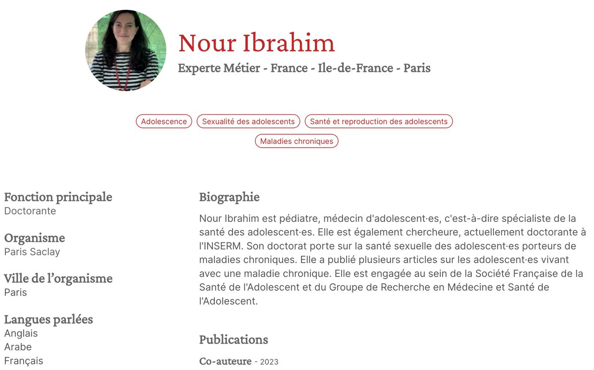 [Experte du jour] <a href="/Nour__Ibrahim/">Nour Ibrahim</a> est pédiatre, spécialiste de la santé des adolescent·es. Elle est également chercheure, actuellement doctorante à l'<a href="/Inserm/">Inserm</a> . Son doctorat porte sur la santé sexuelle des adolescent·es porteurs de maladies chroniques. 
☎️ expertes.fr/expertes/73954…