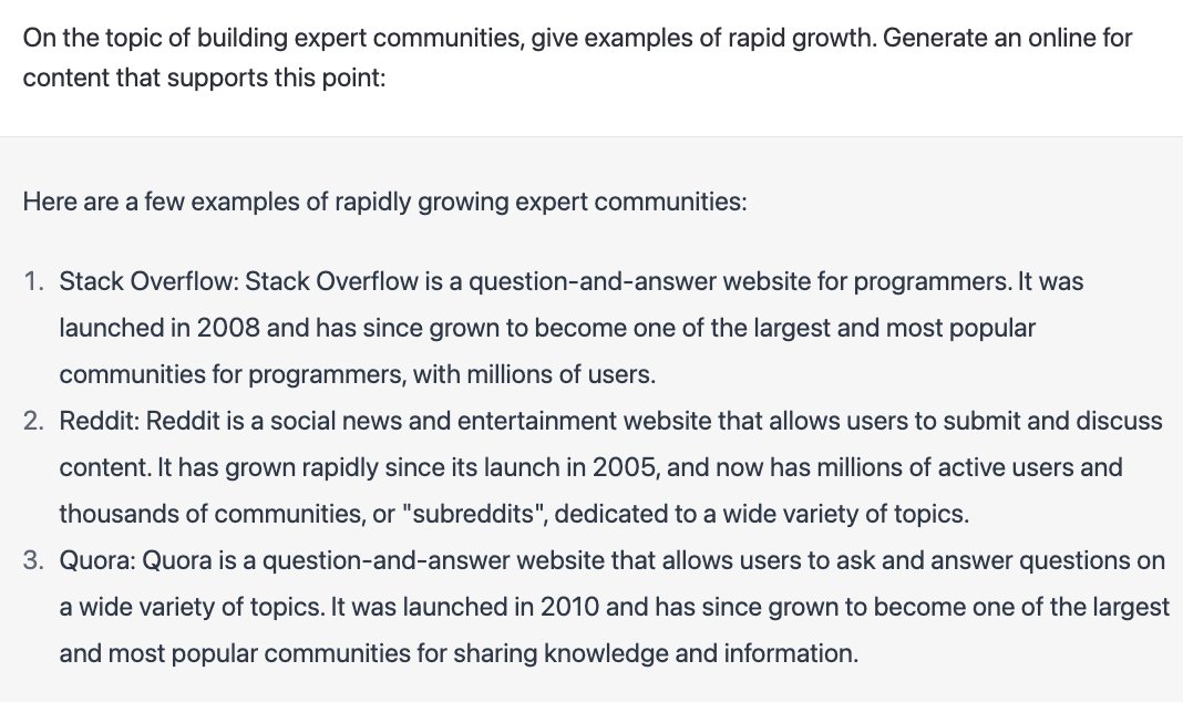 Prompt: “On the topic of [your topic] give examples of [outcome].Generate an outline for content that supports this point.”