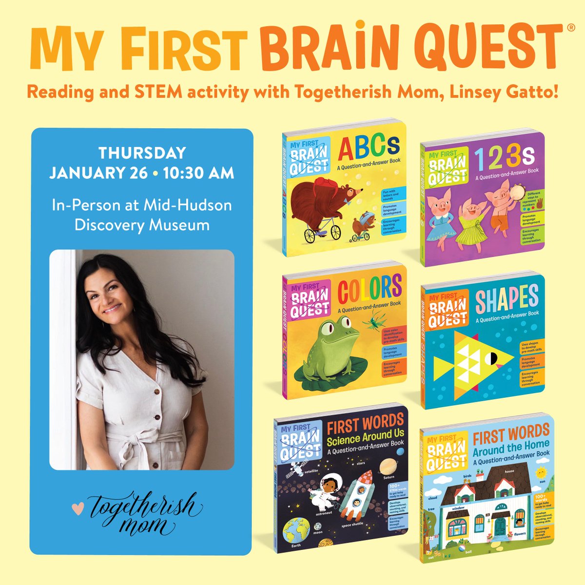 MHDM_inPOK's tweet image. We're excited to have @togetherishmom Linsey Gatto lead us in My First Brain Quest on January 26! Free with Museum admission. Hope you can join us! 

Get more information at: mhdm.org/event/my-first… 

#brainquest #workmanpub #workmanpubkids