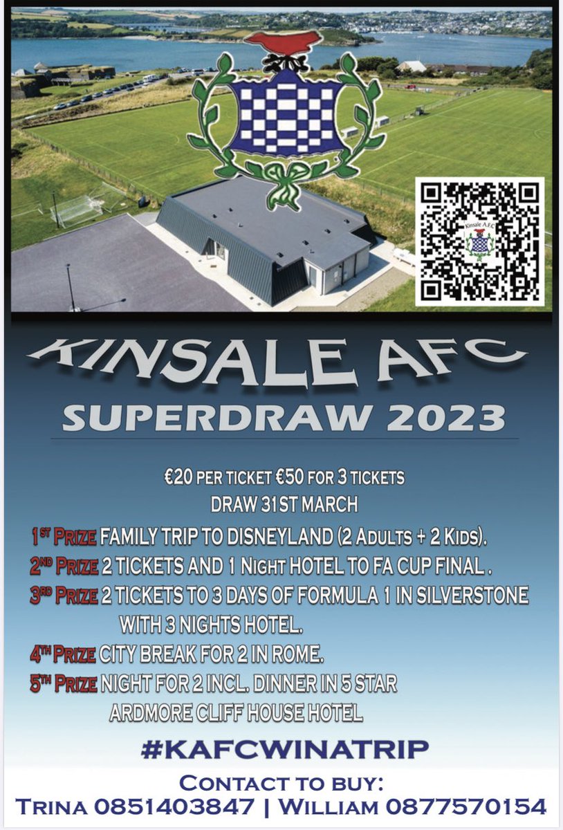 Have you ever dreamed of taking the family to Disneyland?
For €20 you could do just that!

Get your ticket now!

kinsaleafc.net/products/9842/…

<a href="/KinsaleOnline/">Kinsale Online</a> <a href="/KinsaleObserver/">JJ  Hurley</a> <a href="/SouthernStarIRL/">The Southern Star</a> <a href="/CorksRedFM/">Red FM</a> <a href="/BigRedBench/">RedFM Sport</a> <a href="/Corks96FM/">Cork's 96FM</a> <a href="/C103Cork/">C103</a>
#DisneylandPARIS #F12023 #FACUP2023 #Rome