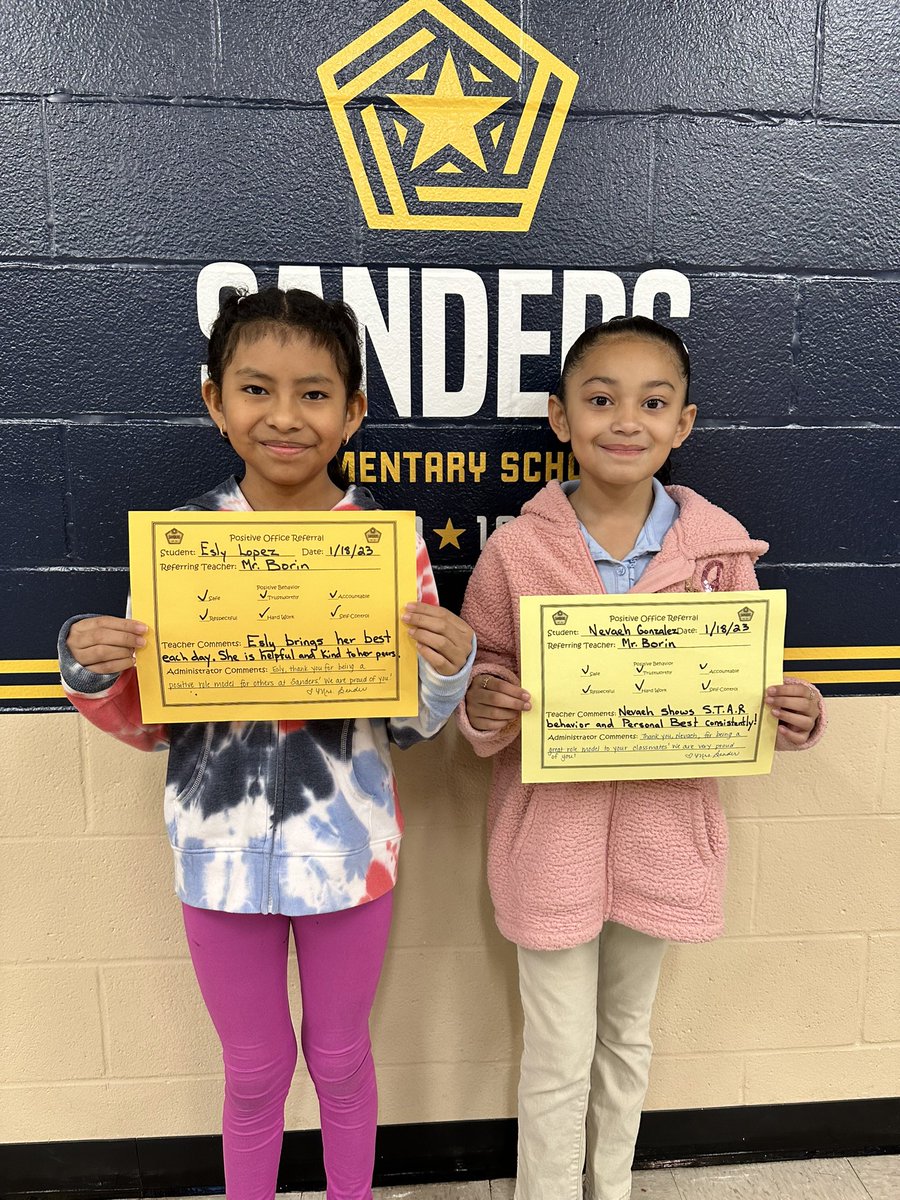 kath_bender's tweet image. Esly and Neveah received positive office referrals today for their exemplary STAR behavior @SandersES1 and for being positive role models for their classmates 🌟🌟🌟@cobb_pbis @PBISRewards #proudassistantprincipal