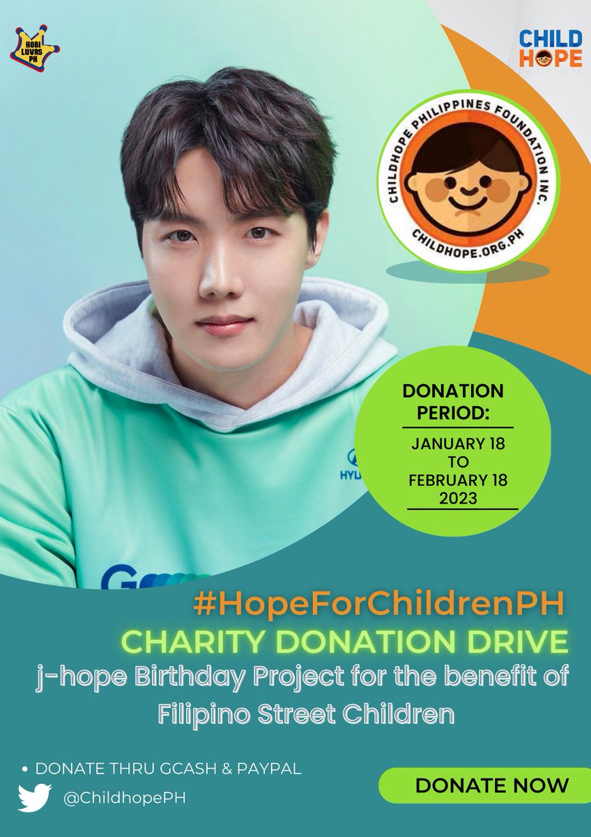 HobiLuvrsPH's tweet photo. [j-hope Bday Proj. 1]

This year's donation drive is now open and our beneficiary is @ChildhopePH! They're an NGO/NPO that protects and supports the needs of street children especially during this pandemic. 

#jhope #제이홉
#PinasInTheBox
#HopeWorldinPHYear3
#PinasHopeWorldYear3 https://t.co/xgFmXJg5zQ