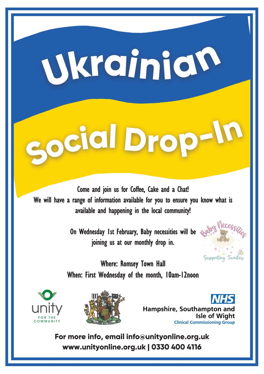 UnityOnline_'s tweet image. On Wednesday 1st February, Baby Necessities will be joining Unity for the monthly Ukrainian Social Drop-in at Romsey Town Hall from 10am - 12noon.
#UnityCommunity #BabyNecessities #Romsey #RomseyTownHall #UkrainianRefugeeSupport #Hampshire #HCC #TestValley #TVBC