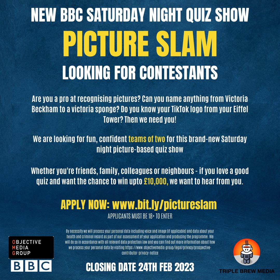 NOW CASTING!

Are you a pro at recognising pictures? Then we need you! 

We’re looking for fun, confident teams of two for this brand-new Saturday night picture-based quiz show for a chance to win up to £10,000 Apply here: bit.ly/pictureslam