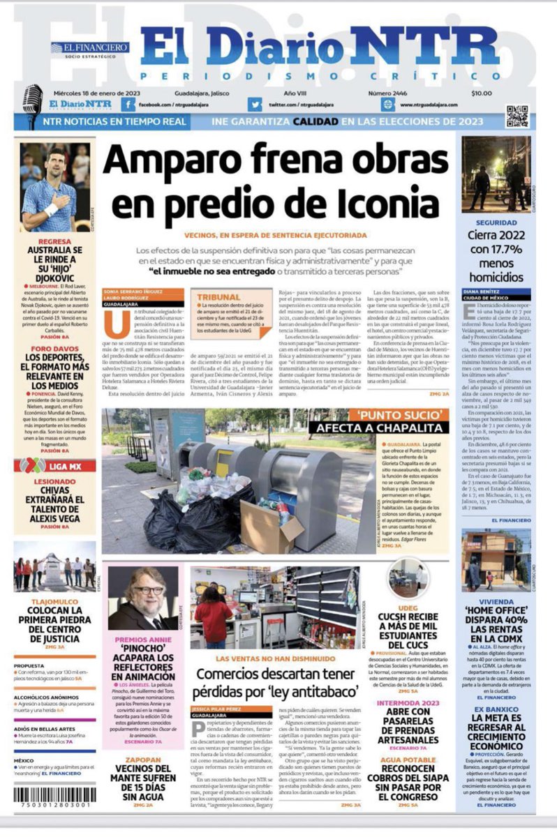 sonia_ssi's tweet photo. Buenos días. En nuestra portada de hoy, un tribunal colegiado concede suspensión definitiva a vecinos de Huentitán sobre más de 75 mil metros cuadrados del predio donde se construye #Iconia @laurorodriguez_ @NTRGuadalajara https://t.co/ConlZloxLo