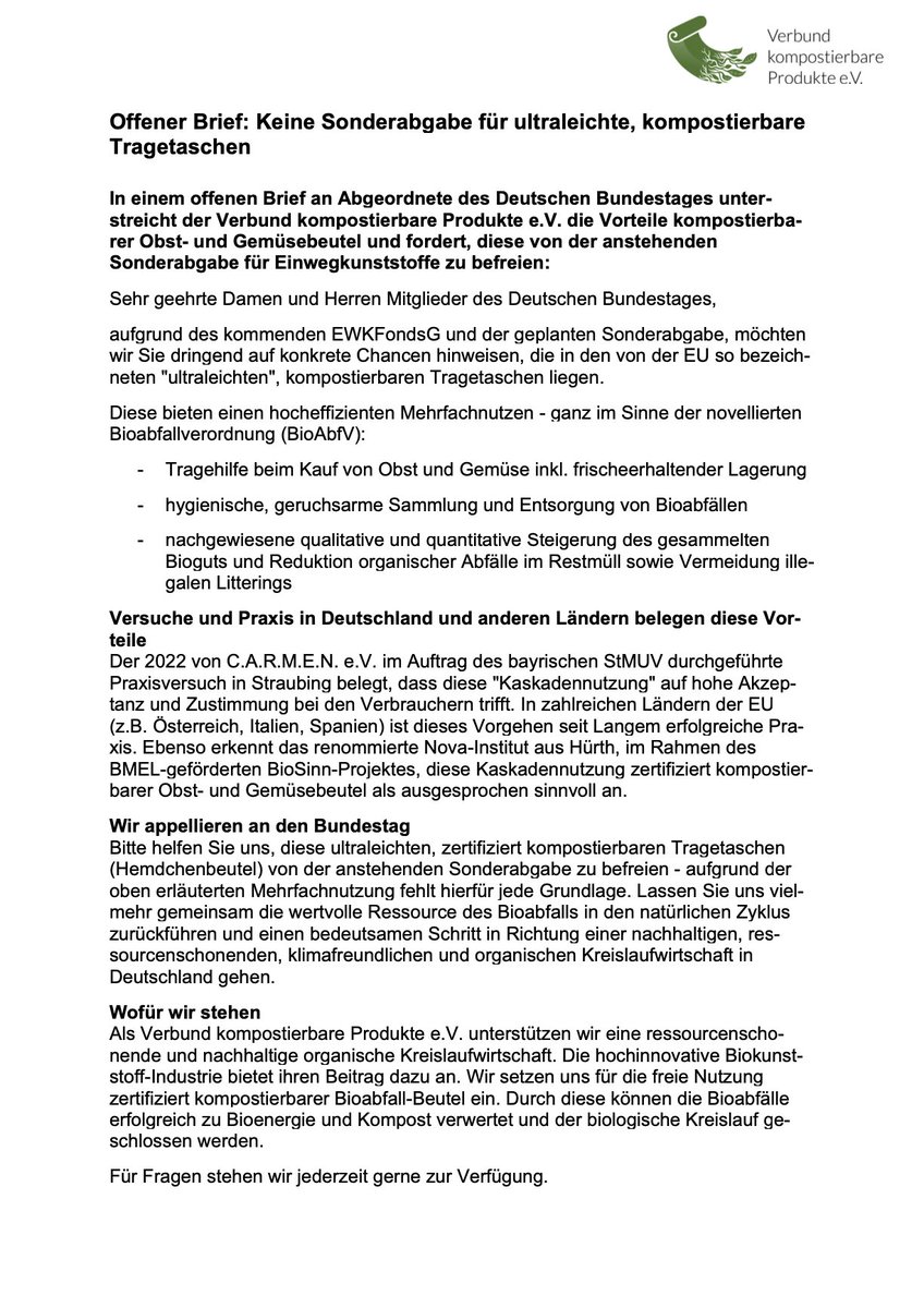 Kompostierbare Obst- und Gemüsebeutel bieten eine Reihe Vorteile für #Verbraucher, #Kreislaufwirtschaft und #Umwelt. Deshalb fordern wir die Mitglieder des Umweltausschusses im #Bundestag auf, diese von der kommenden Sonderabgabe auf #Einwegkunststoffe zu befreien.