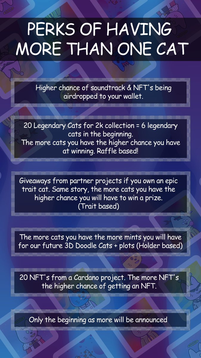HeadlessAlts's tweet photo. The list of perks goes on and on, check this out! I just minted five more @HederaCats after checking out some of the planned utility for the felines. The list of partnerships is also very impressive and I even got two @LocoLizardz cats! Still some left on @NFTierTech launchpad. https://t.co/lneSiYv11k