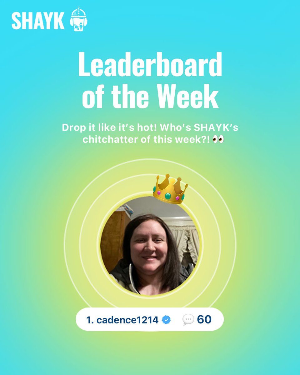TalkalyticsAi's tweet image. The biggest chit-chatters of last week, congrats @CadenceMarshal2!! 🫶 The community is nothing without you 🥹 As the top 10 of SHAYK's chit-chatters, you guys have to comment your congratulations or support to each other! GO!!! 😝
#leaderboard #SHAYK #SHAYKapp #socialaudio