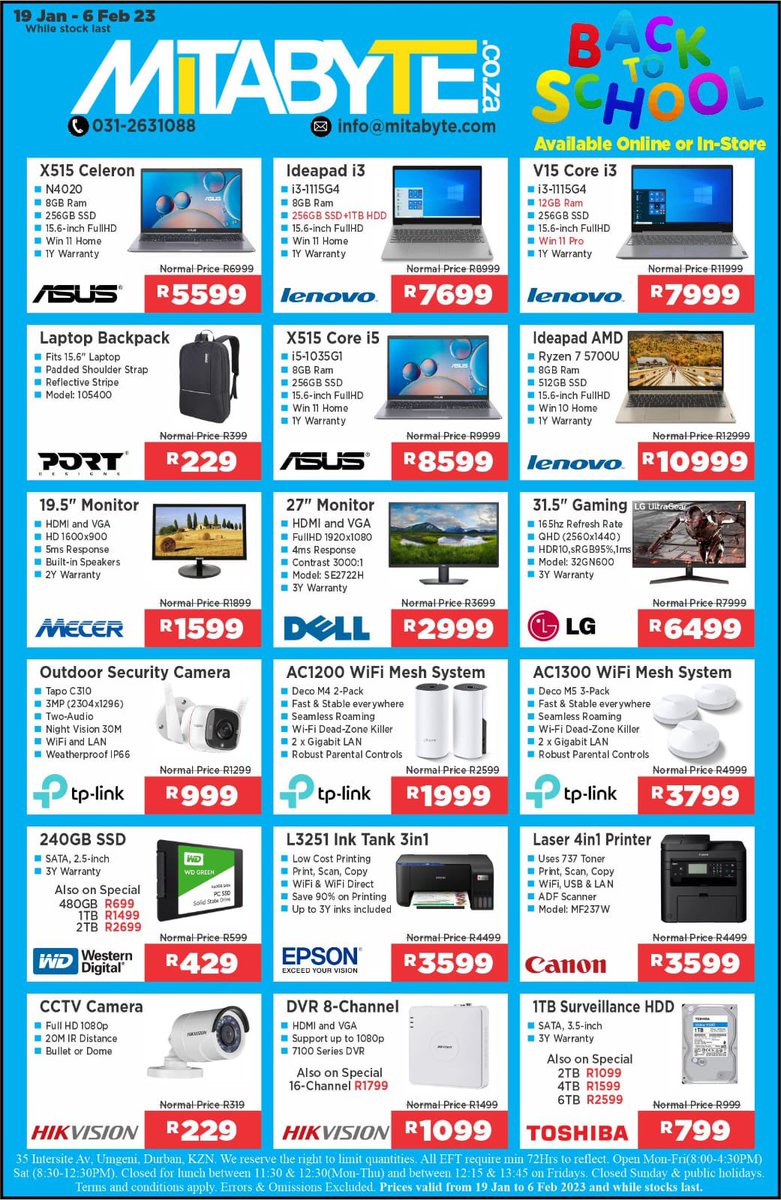 Don’t miss out on our Back to School Sale!!!😍👨‍🎓
•
Shop our full sale here: mitabyte.co.za/deals
•
Prices valid from 19 Jan to 6 Feb 2023 or while stocks last!
#sale #tech #southafrica
