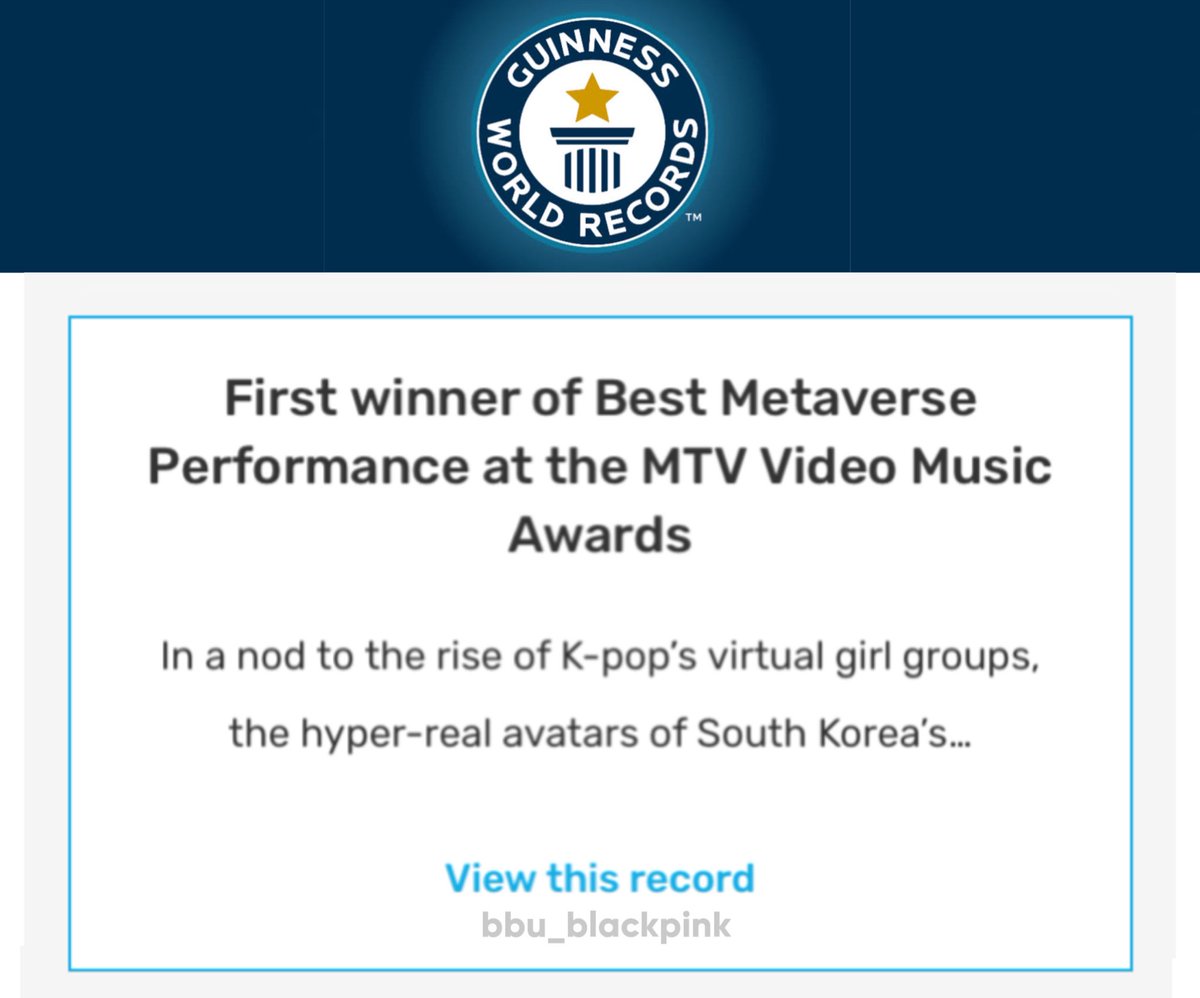 Congratulations to #BLACKPINK for setting 3 NEW GUINNESS WORLD RECORD 🏆 First K-Pop Group to reach #1 on the UK Albums Chart (Female) 🏆 First K-Pop Group to reach #1 on the US Albums Chart (Female) 🏆 First Winner of Best Metaverse Performance at the MTV VMA @BLACKPINK