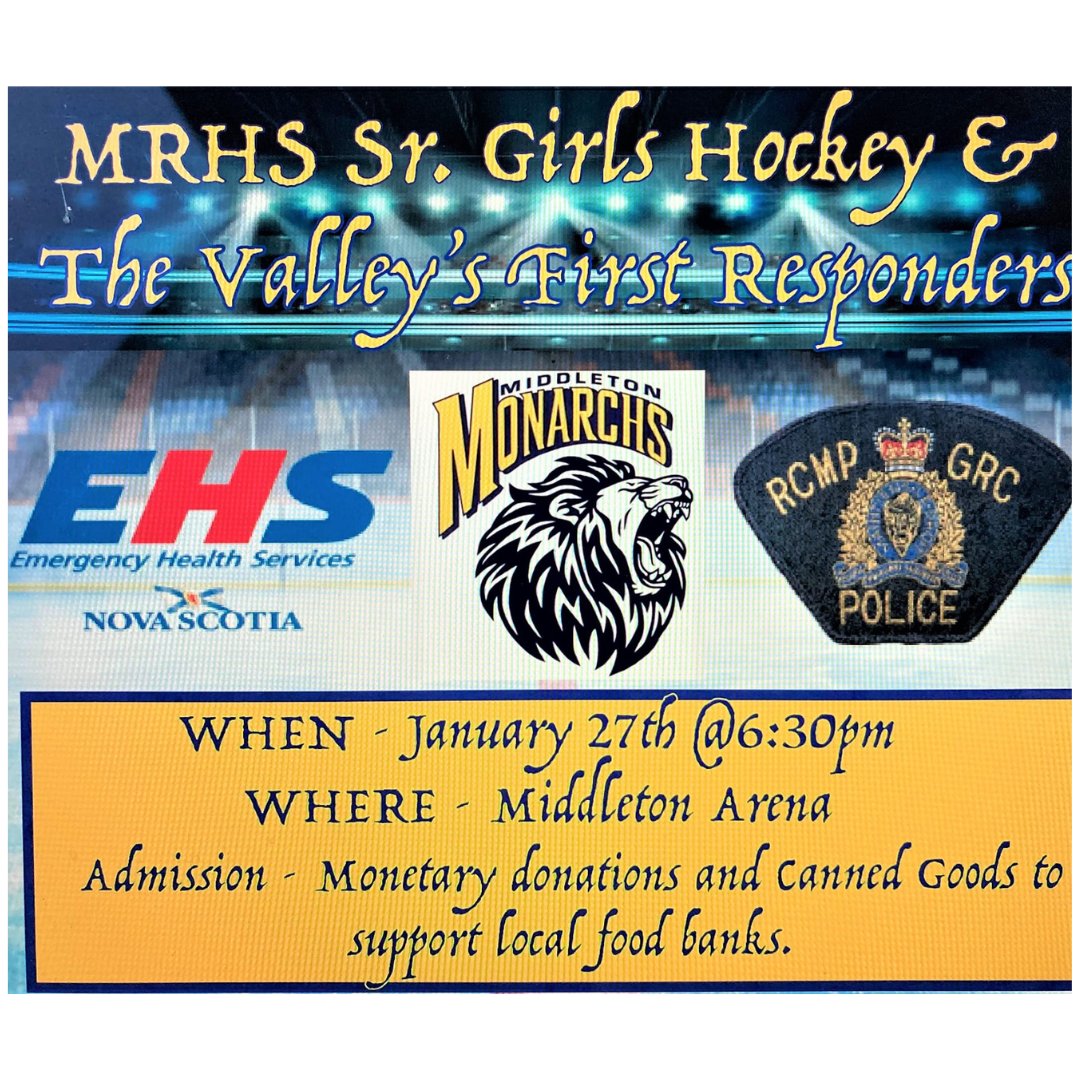 haveitallAV's tweet photo. On Saturday, January 27th, RCMP and First Responders will go head to head with Middleton High School Girl's Hockey team! Puck drops at 6:30 pm. Monetary or canned good donations are welcome in support of local foodbank! https://t.co/6AYgkDJlUd