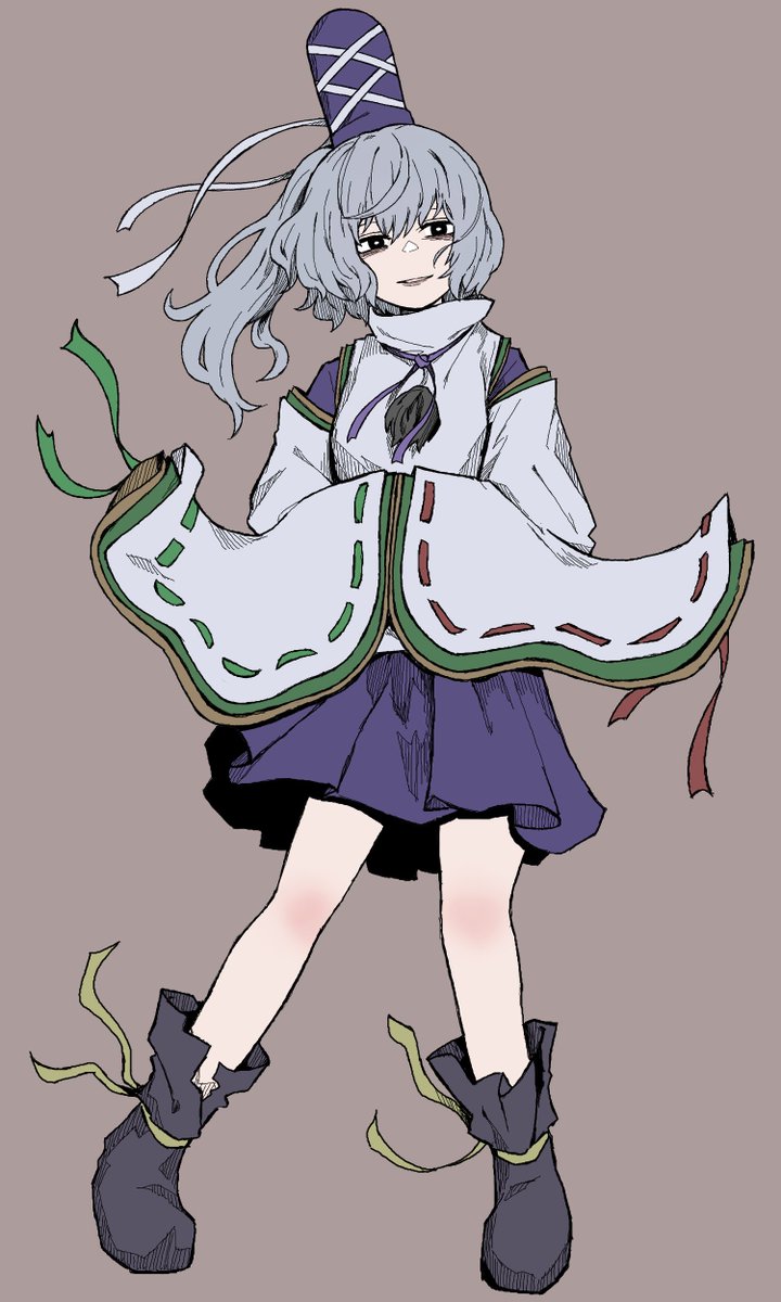 mononobe no futo 1girl solo hat skirt ribbon-trimmed sleeves grey hair simple background  illustration images