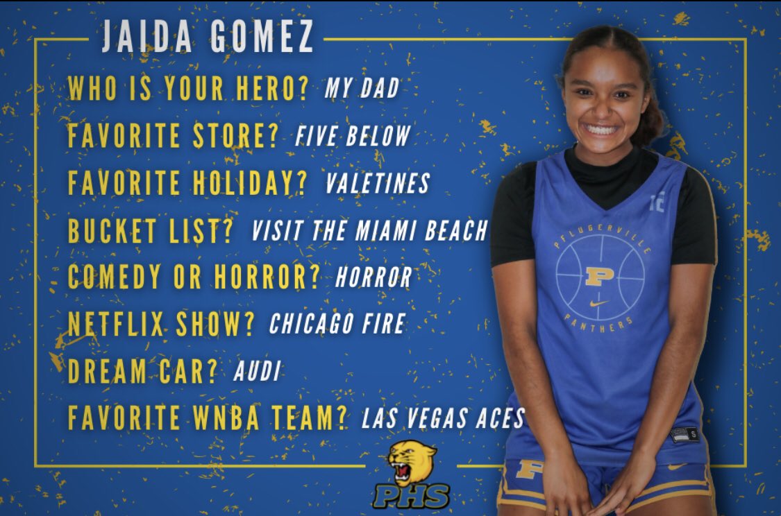PHSbball_girls's tweet photo. Get to know your Panthers!…. Meet Jaida Gomez. An emotional leader with lock down defense!!💙💛#LOCKIN #Pfamily @PfISDAthletics https://t.co/35tNiw2ah2