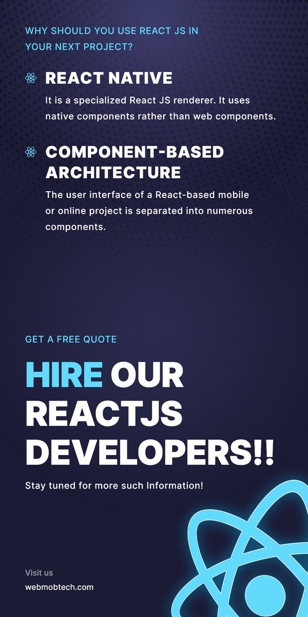 webmobtech's tweet image. Power up your Business with #ReactJS !!
Hire the best #ReactJSdevelopmentcompany that provides robust and reliable React JS development services.
Our service: webmobtech.com/reactjs-develo…
#reactjsservices #reactjsdevelopment #webmobtechnologies #reactjsdeveloper #HireDeveloper