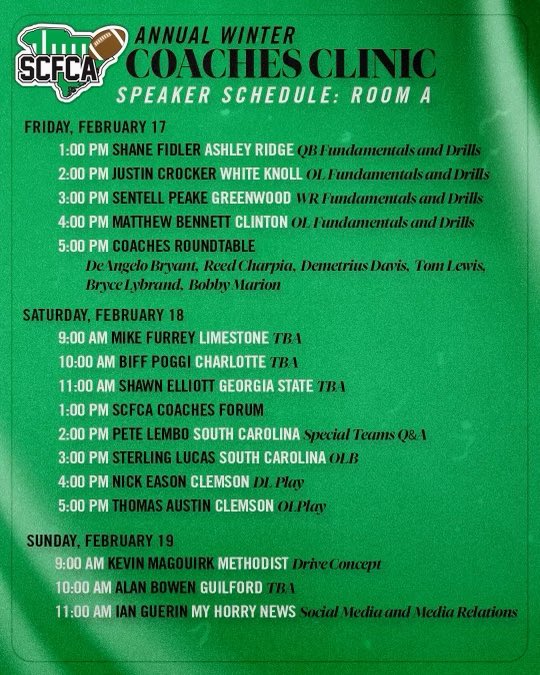 SCFCA1's tweet image. We are 1 month from the SCFCA Clinic. Great lineup of speakers. Get those rooms booked and we will see you at the beach. @CoachBrianSmith