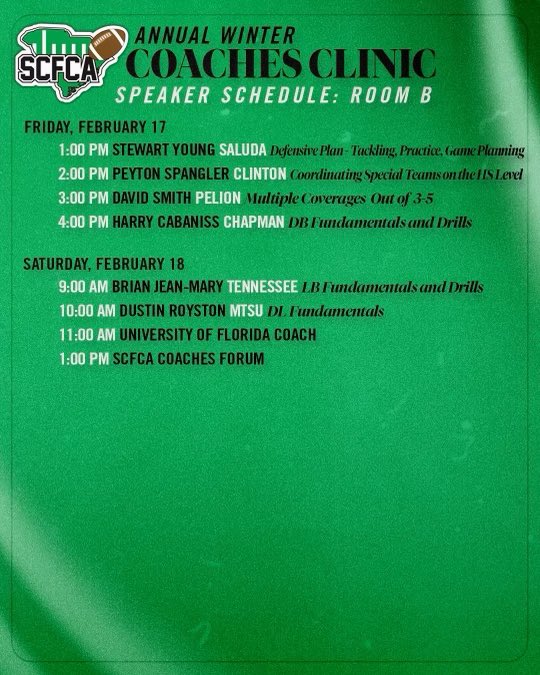 SCFCA1's tweet image. We are 1 month from the SCFCA Clinic. Great lineup of speakers. Get those rooms booked and we will see you at the beach. @CoachBrianSmith
