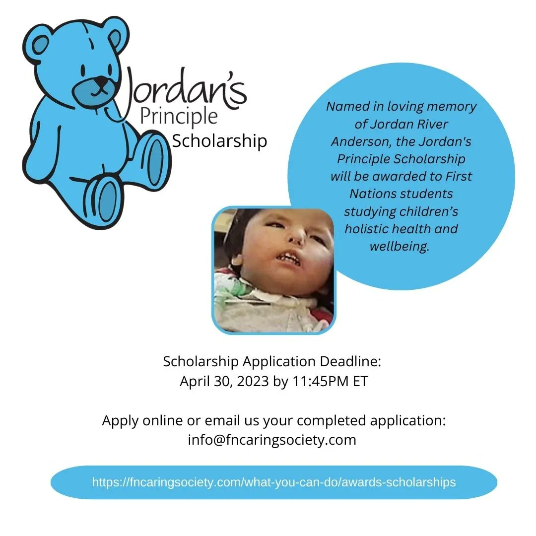 Are you a First Nations student studying children’s health or children’s disabilities at a Canadian post-secondary institution? Apply for the Jordan's Principle Scholarship! 

Deadline to apply is April 30, 2023! Learn more about scholarship here: fncaringsociety.com/what-you-can-d…