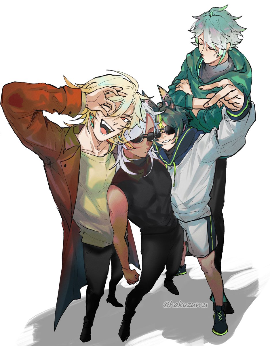 multiple boys male focus blonde hair shirt dark-skinned male pants jacket  illustration images