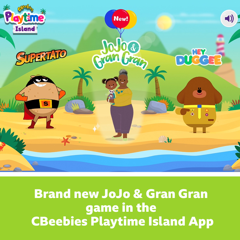 CBeebiesHQ's tweet photo. Don't let the weather stop you from having an adventure this half term. 

Explore the museum in the new JoJo &amp; Gran Gran game in the #CBeebiesPlaytimeIsland app. 🦕

#JoJoAndGranGran
