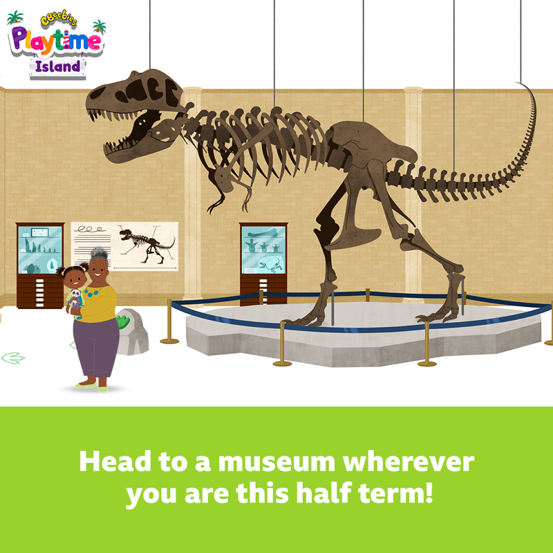 CBeebiesHQ's tweet photo. Don't let the weather stop you from having an adventure this half term. 

Explore the museum in the new JoJo &amp; Gran Gran game in the #CBeebiesPlaytimeIsland app. 🦕

#JoJoAndGranGran