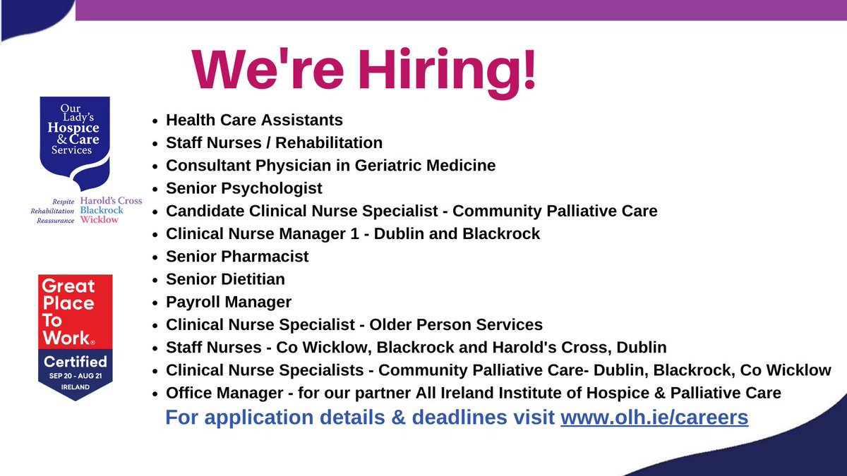 Would you like to join our team? We have a number of roles available. Please visit olh.ie/careers/ for full details. #jobs #nursing #jobfairy #hiring #recruiting #careers #recruitment