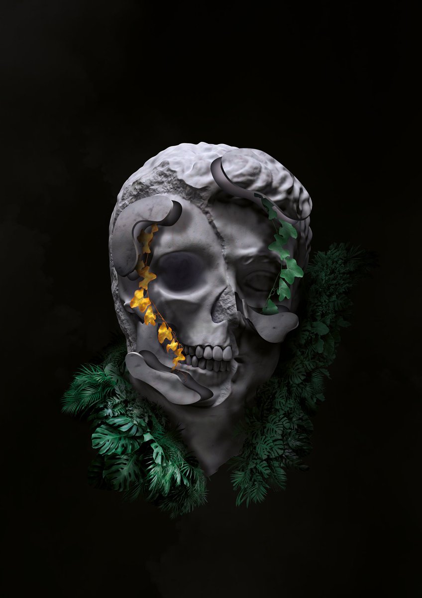 Millwai_'s tweet photo. « Grec redemption » 
Affiche réalisé sur Photoshop, quand la nature adoucit la mort.
·
·
·
#grec #nature #plant #gold #skull #statue #art #photoshop #digitalart #digital #millwai #compositing #graphism #graphisme #design https://t.co/XRU7IUllUy