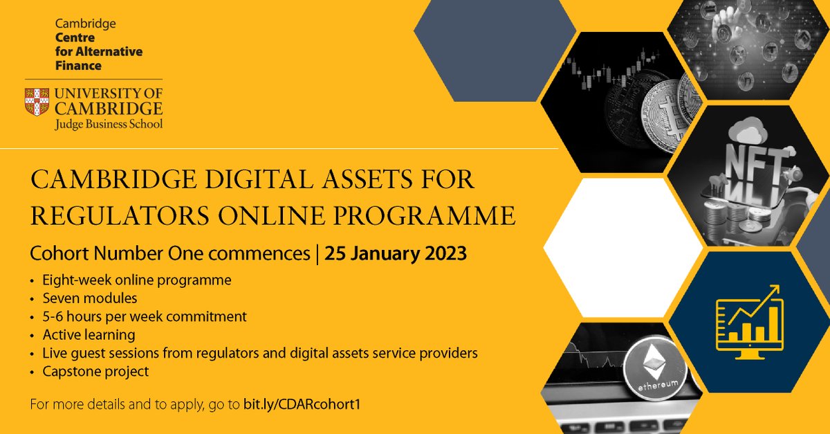 CambridgeAltFin's tweet photo. 📣Still time to register for the Cambridge Digital Assets for Regulators online programme.

💻For more details &amp; to register for the 8-week programme, go to https://t.co/vWUkrdKMun

#learning #digitalassets #regulation https://t.co/lXC7ar2uOS