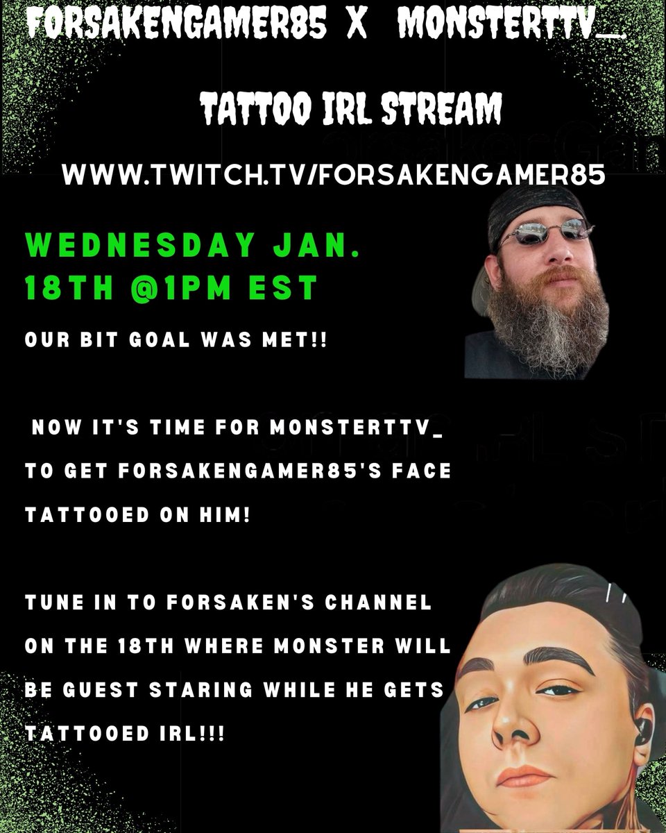 twitch.tv/forsakengamer85

Today is the day!!! I'm so excited for this stream!!!! 

#TwitchStreamers #twitchtv #twitchaffiliate #tattoos #tattoostream #irl #irlstream #twitchstreaming #twitchirl #SmallStreamerCommunity #smallstreamers #smallstreamer 
#facetattoo