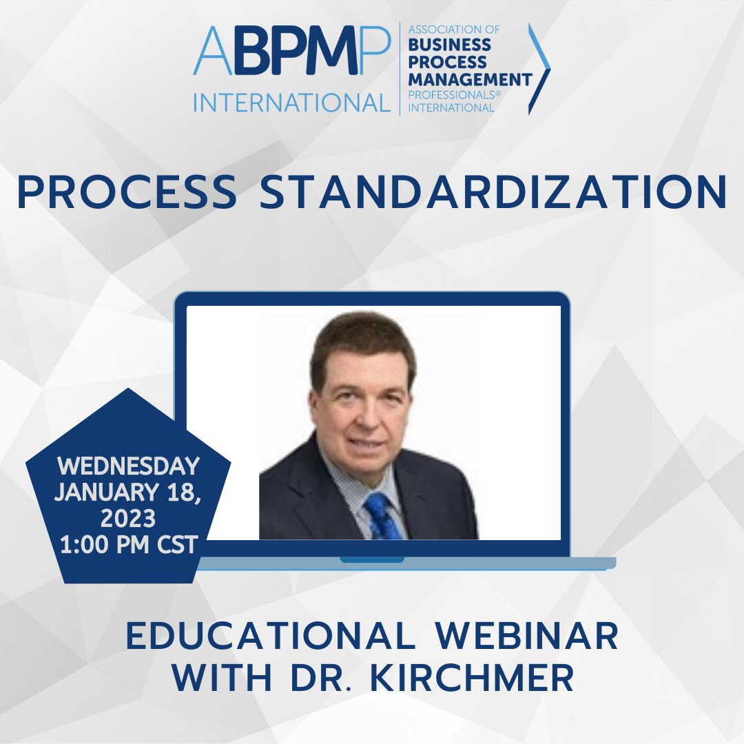 ABPMP's tweet photo. Don't miss January's ABPMP Monthly Webinar hosted by Dr. Mathias Kirchmer. Register for "Process Standardization," coming today, Wednesday, January 18 at 1 pm CST.

Learn more and register here: https://t.co/17zBCZac1r

#abpmp #bpm https://t.co/7gDurM3aod